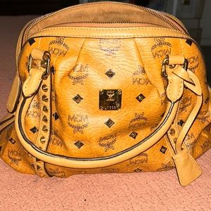 MCM Brown Visetos Studded Handle Bag